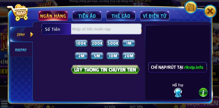 Hướng dẫn nạp tiền qua tài khoản ngân hàng tại Rikvip.