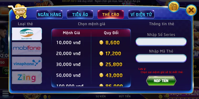Hướng dẫn nạp tiền qua thẻ cào tại Rikvip - hỗ trợ mọi nhà mạng.