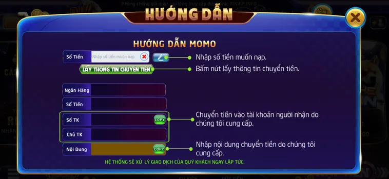 Quy trình nạp tiền Rikvip bằng ví điện tử.